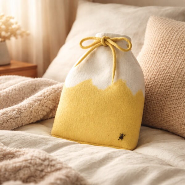 Bouillotte en feutre de laine mérinos posée sur un lit douillet